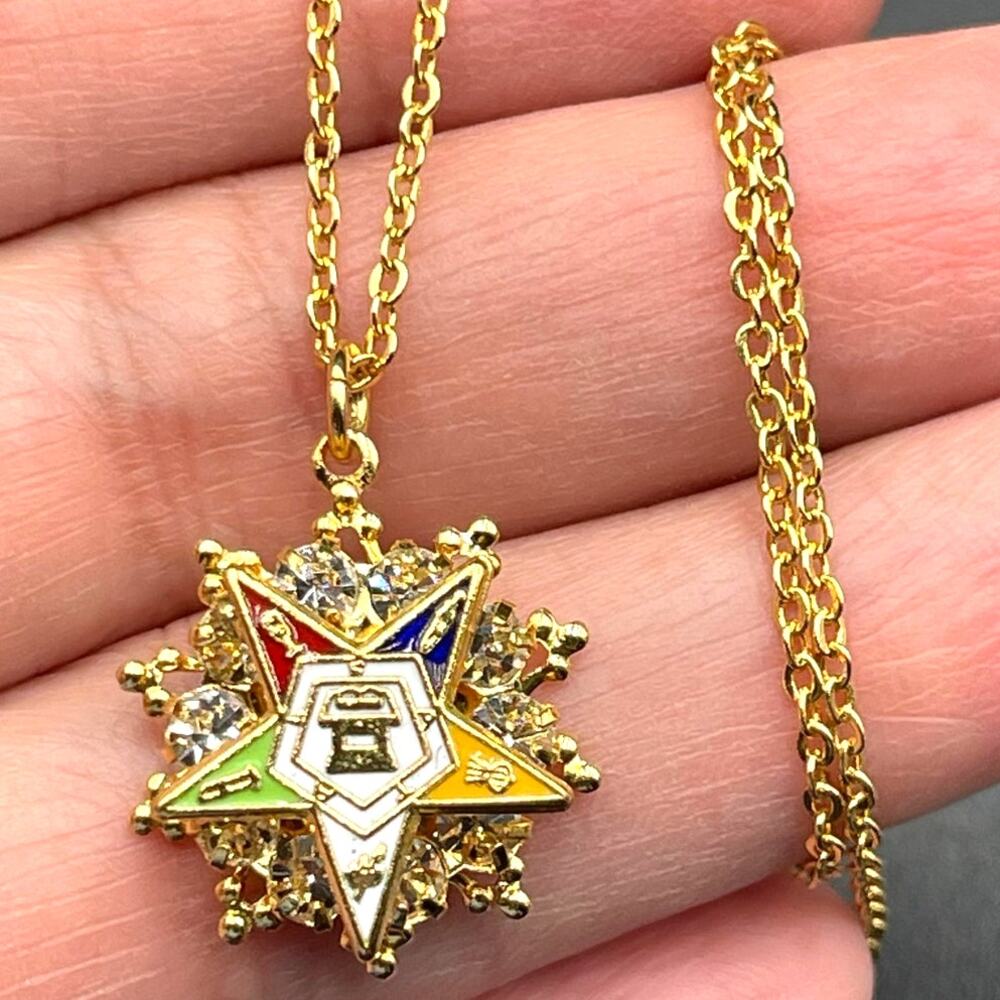 Order of the Eastern Star Layered Pendant Necklace Vtg Riveted 18" Rhinestone